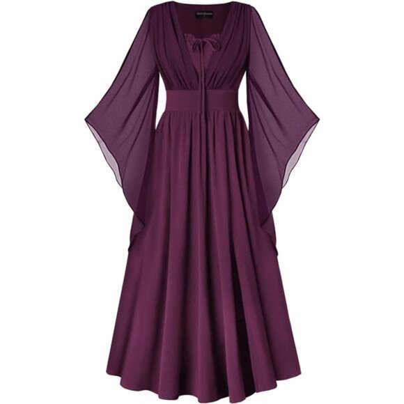 Women's Renaissance Dress Bell Sleeve Fairy Dress Split Maxi Dress with Pockets - Picture 1 of 7